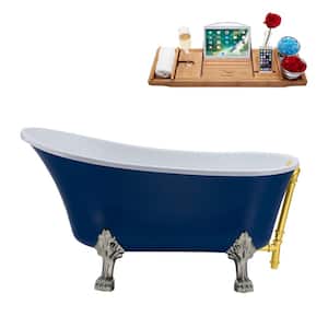 55.1 in. Acrylic Clawfoot Non-Whirlpool Bathtub in Matte Dark Blue With Brushed Nickel Clawfeet And Polished Gold Drain