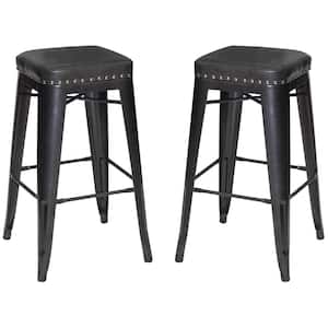 Hank 30 in. Dark Gray Backless Steel Cushioned Bar Stool with Gray Faux Leather Seat (Set of 2)