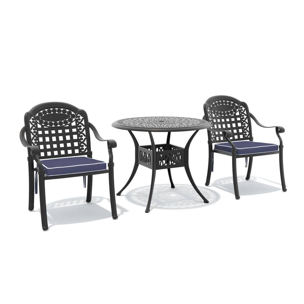 3-Piece Cast aluminum Patio Outdoor Dining Set with Round Table and Cast aluminum Chairs with Blue Cushions price history on PriceWatchPro