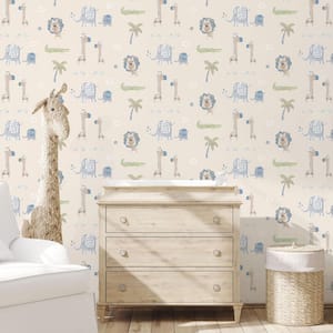 Tiny Tots 2 Collection Blue/Safari Green/Beige Matte Finish Jungle Friends Non-Woven Paper Wallpaper Roll