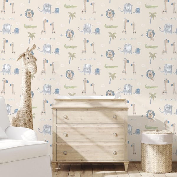 Tiny Tots 2 Collection Blue/Safari Green/Beige Matte Finish Jungle Friends Non-Woven Paper Wallpaper Roll