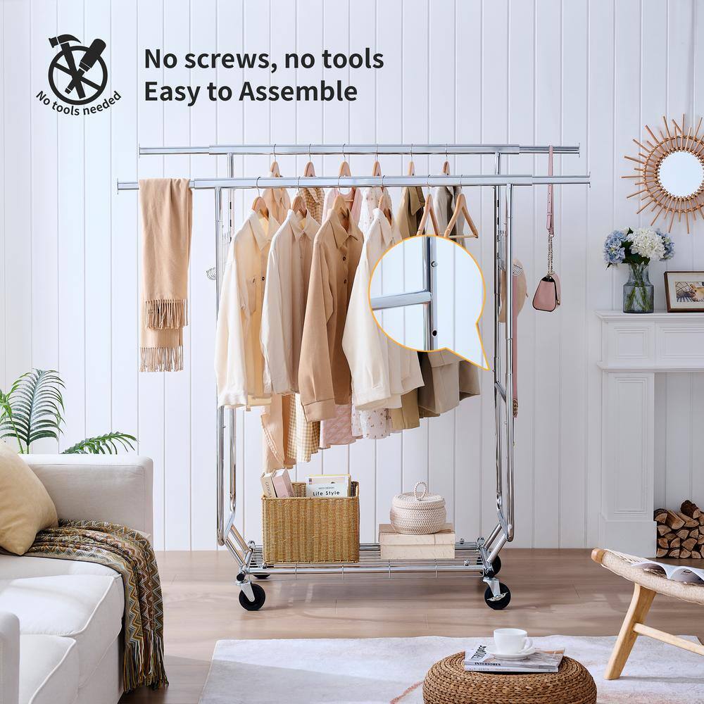 Carsi Silver Polished Metal Collapsible Double Clothing Rack with Wheels 75 in. - thumbnail 2