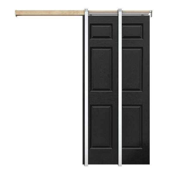 CALHOME Black 30 in. x 80 in. Painted Composite MDF 6PANEL Interior Sliding Door with Pocket Door Frame and Hardware Kit