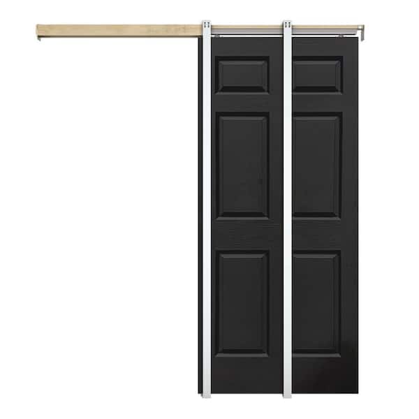CALHOME Black 30 in. x 80 in.  Painted Composite MDF 6PANEL Interior Sliding Door with Pocket Door Frame and Hardware Kit