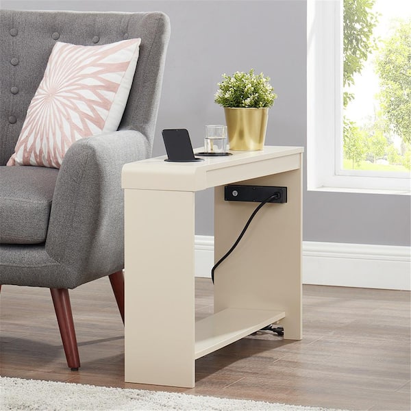 HOMESTOCK Cream End Table with Charging Station, USB Ports & Outlets