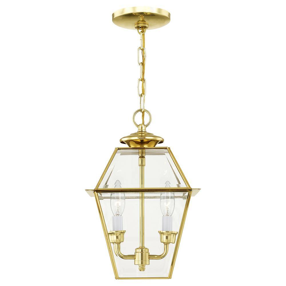 Westover Polished Brass 2-Light Outdoor Pendant with Clear Beveled Glass