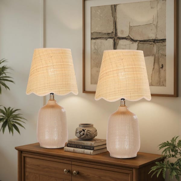 18.9 in. Bisque Table Lamps with Rattan Shade, Living Room Ceramic Lamp (Set of 2)