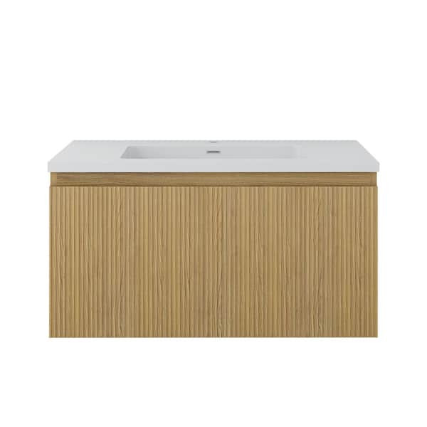 36 in. Wall-Mounted Yellow Oak Bath Vanity with White Cultured Marble Top Assembled