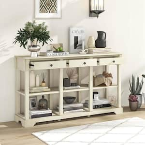 58 in. White Rectangle Wood Console Table with 3 Drawers & Open Shelves White