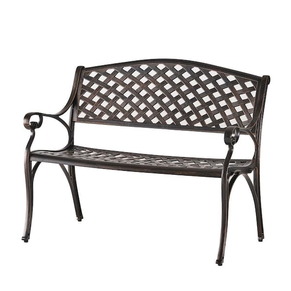 Spencer 22.85 in. Copper Cast Aluminum Outdoor 2-Person Bench with Scroll Arms and Basket-Weave Design
