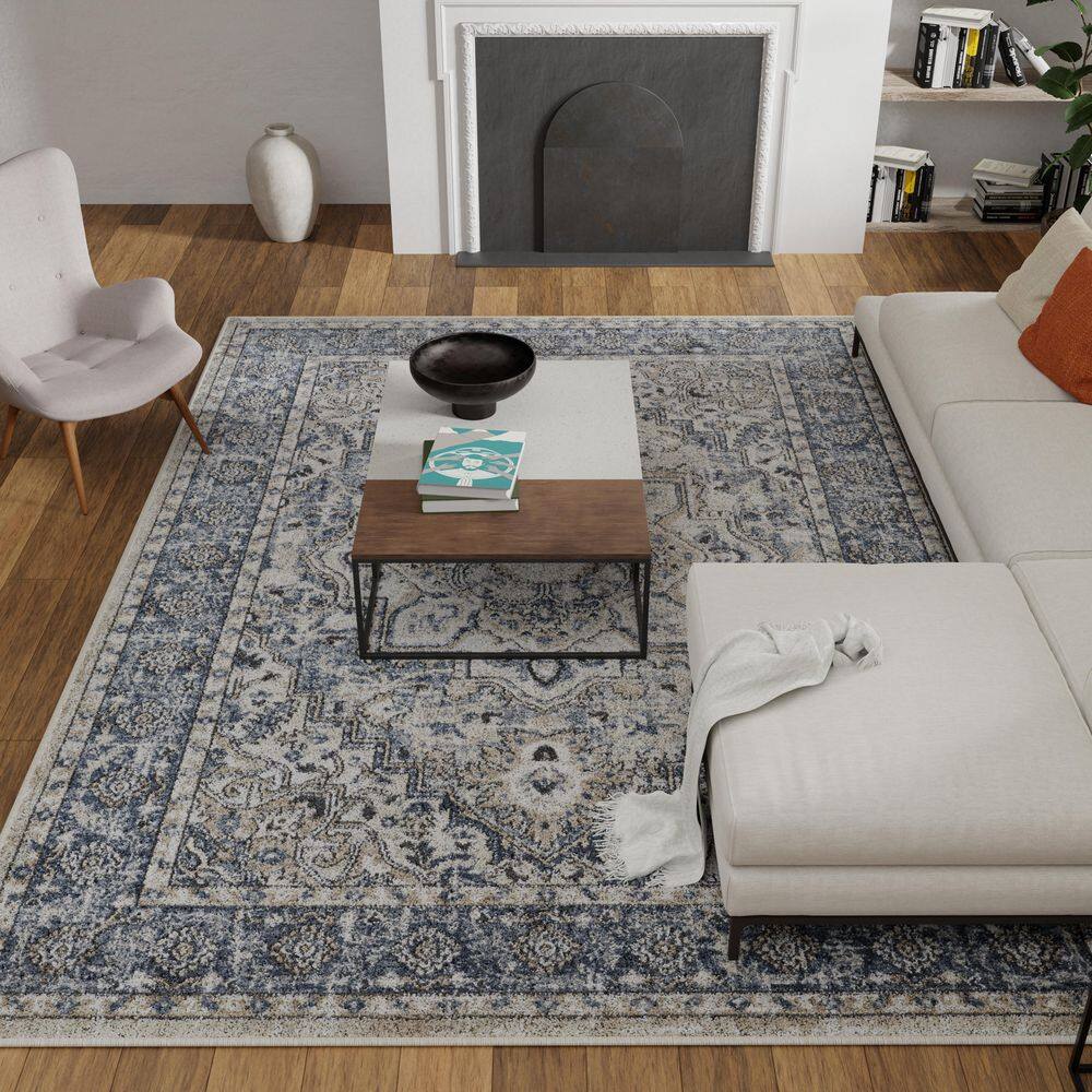 Blue and Beige Floral Medium Pile Synthetic Area Rug