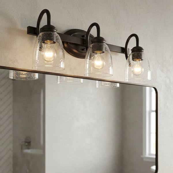 18.89 in. 3-Light Matte Black Modern Bathroom Vanity Light Mirror Wall Light with Black Accents and Seeded Glass Shade