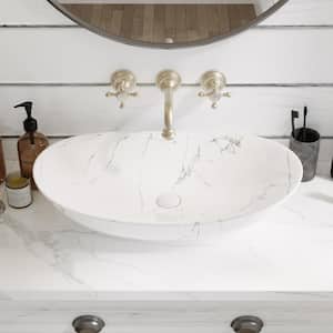23.43 in. Ceramic Marbled Oval Vessel Bathroom Sink in White