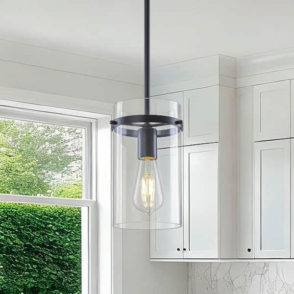 1-Light Black Pendant Light for Kitchen Island, Modern Mini Hanging Ceiling Light with Cylinder Clear Glass Shade