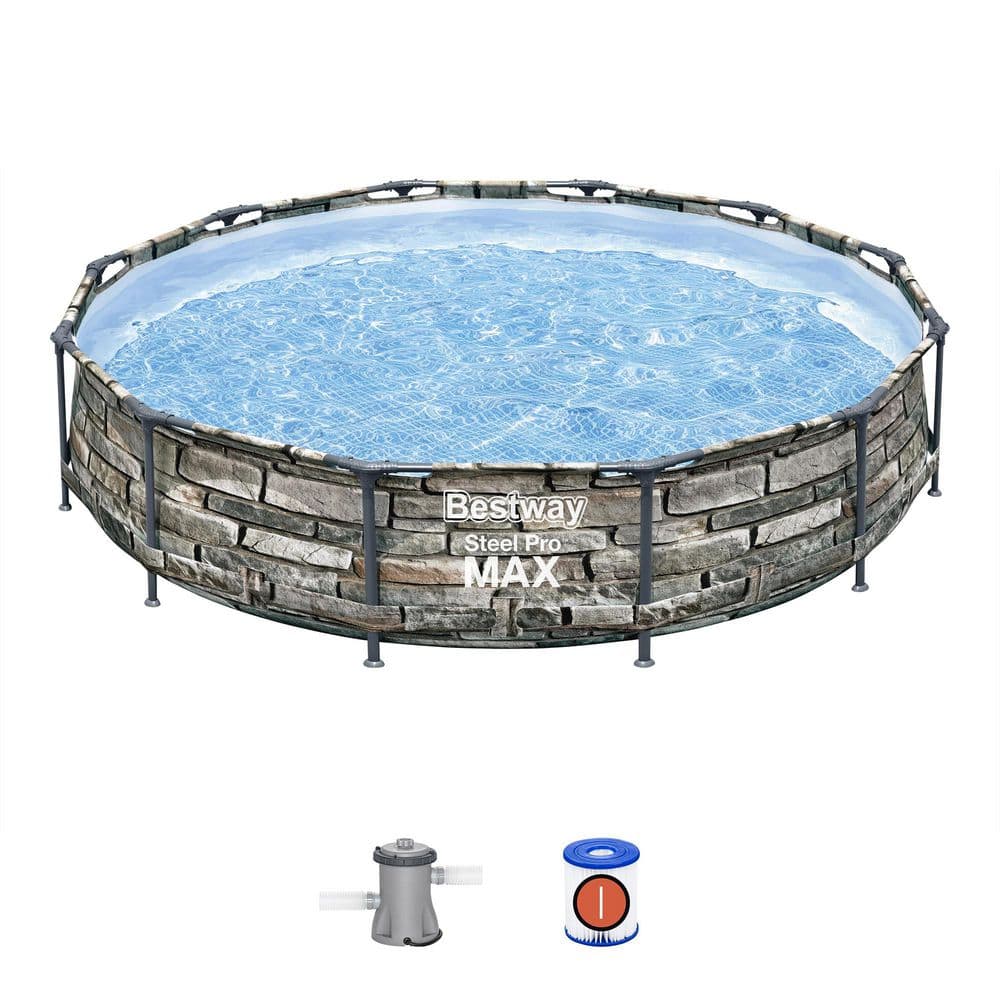 12ft Stone Print Steel Frame Round Above Ground Pool with Filter Pump