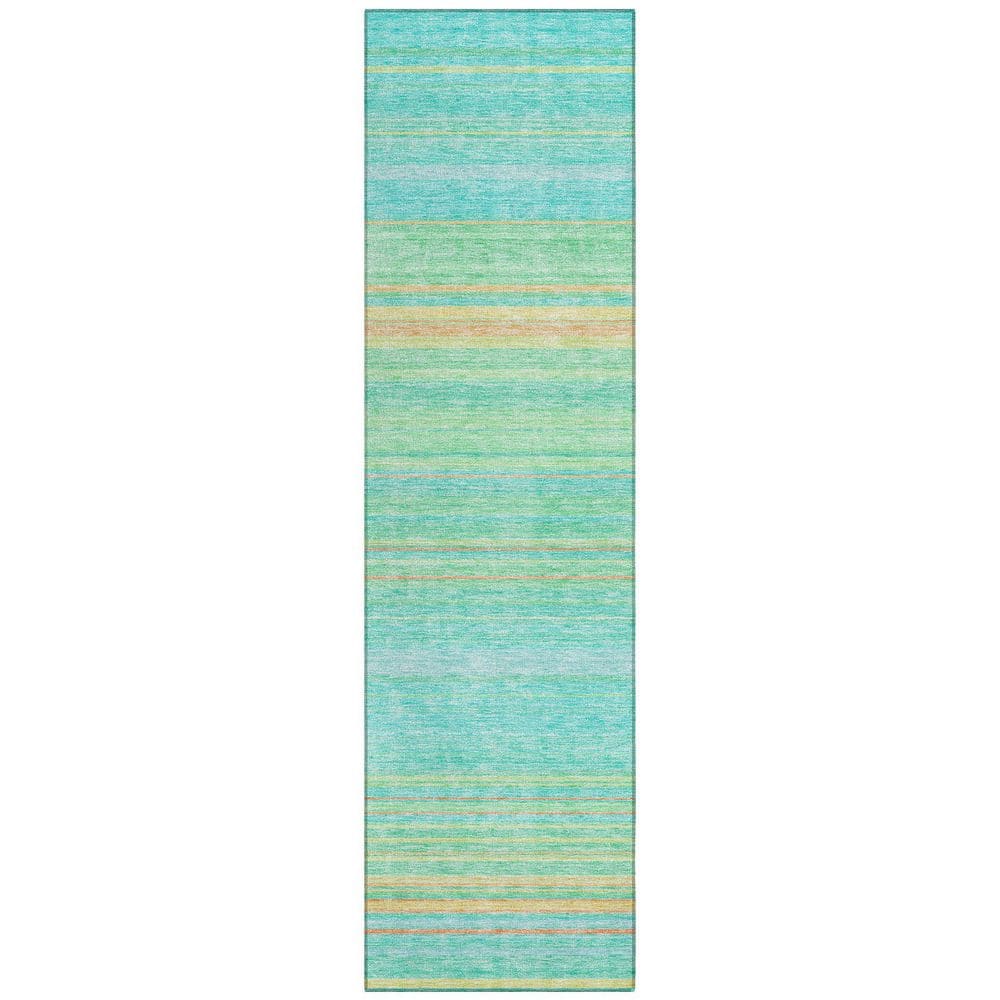 Aqua Synthetic Stripe Washable Indoor/Outdoor Runner Rug