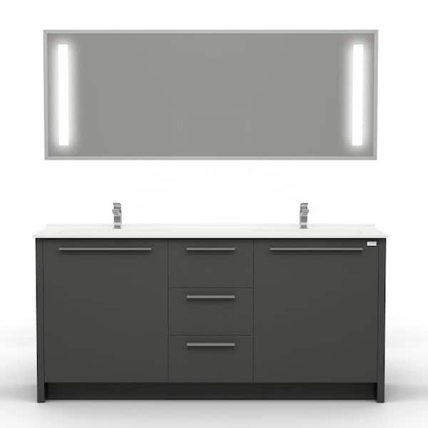 CASA MARE Nona 60 in.W x 20 in. D Vanity In Glossy Gray With Acrylic Top in White with Double White Basin and Mirror