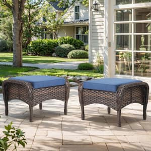 Brown Wicker Outdoor Ottoman with Blue Cushions (2-Pack)