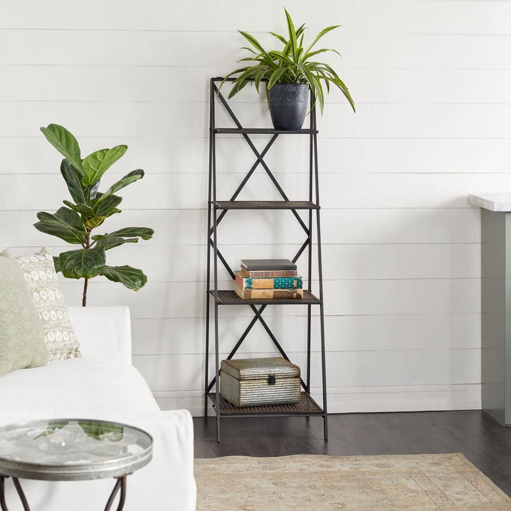 Modern Industrial Black Metal 4-Tier Ladder Bookshelf