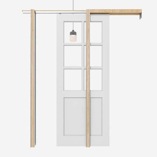 32 in. x 80 in. 6 Lite Clear Glass White Primed MDF Pocket Sliding Door with Pocket Door Hardware Set and Soft Close