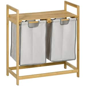 Laundry Hamper, 2-Section Bamboo Basket with Storage Shelf 2-Pull-Out and Removable Bags, 2 x 10.7 gal. in Dark Gray