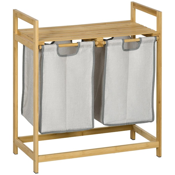 Tileon Laundry Hamper, 2-Section Bamboo Basket with Storage Shelf 2-Pull-Out and Removable Bags, 2 x 10.7 gal. in Dark Gray