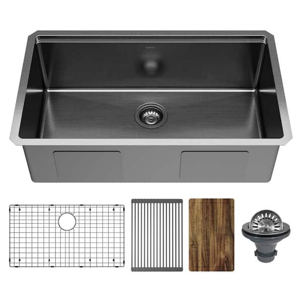 Elite 32 in. Undermount Single Bowl 16 Gauge Gunmetal Black Stainless Steel Workstation Kitchen Sink