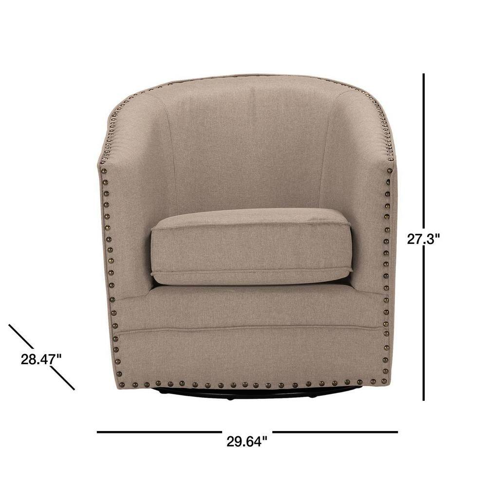 Classic Retro Beige Swivel Barrel Accent Chair with Nailhead Detail
