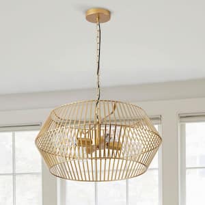 Modern 4-Light Gold Unique Caged Design Chandelier Large Round Pendant Light with Metal Shade