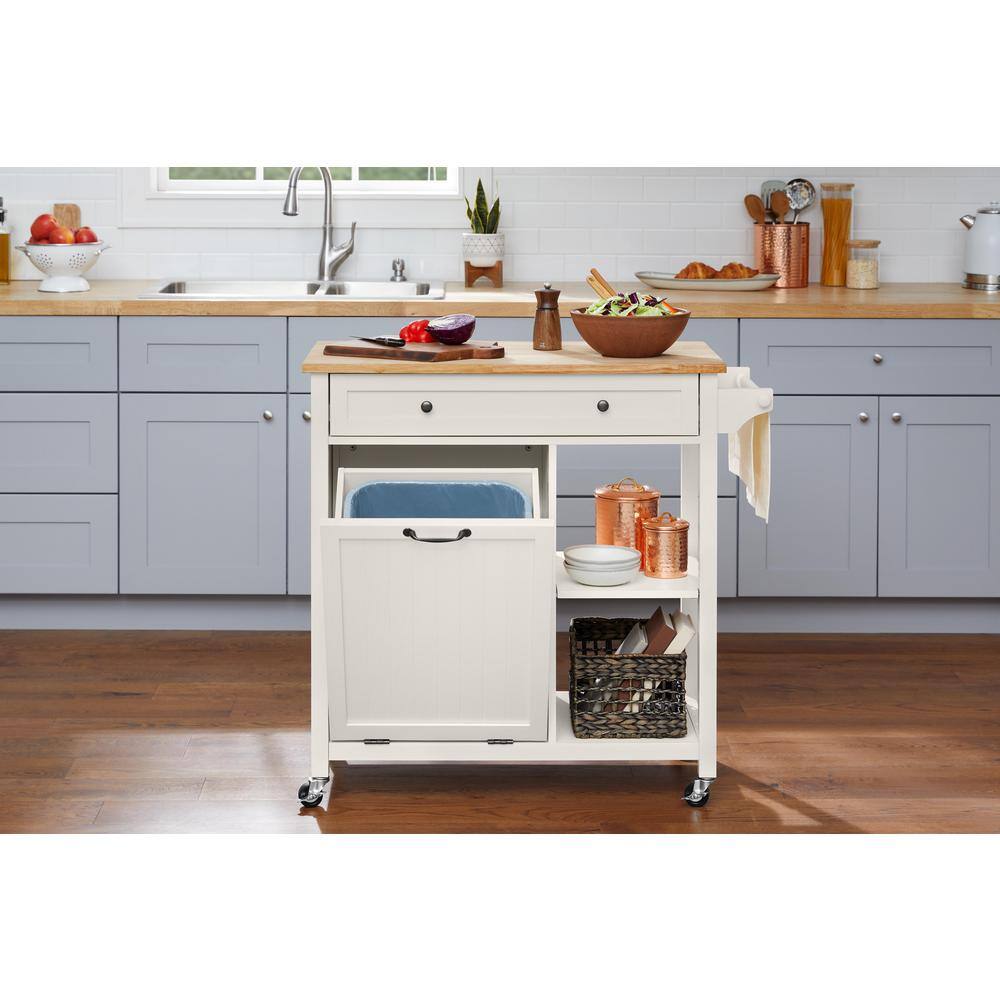 StyleWell Bainport Ivory Wooden Rolling Kitchen Cart Butcher Block Top