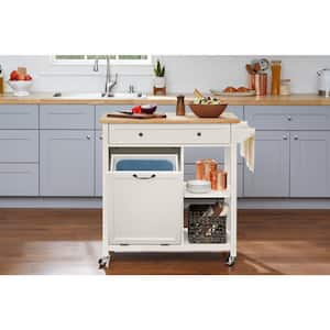 Bainport Ivory Wooden Kitchen Cart on Wheels with Trash Storage and Butcher Block Top (34" W)