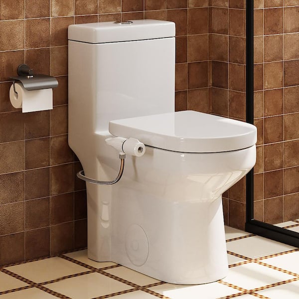Compact 1.1/1.6 GPF Round 1-Piece Toilet Combo in White with Bidet Attachment, Dual Nozzles and Adjustable Fit