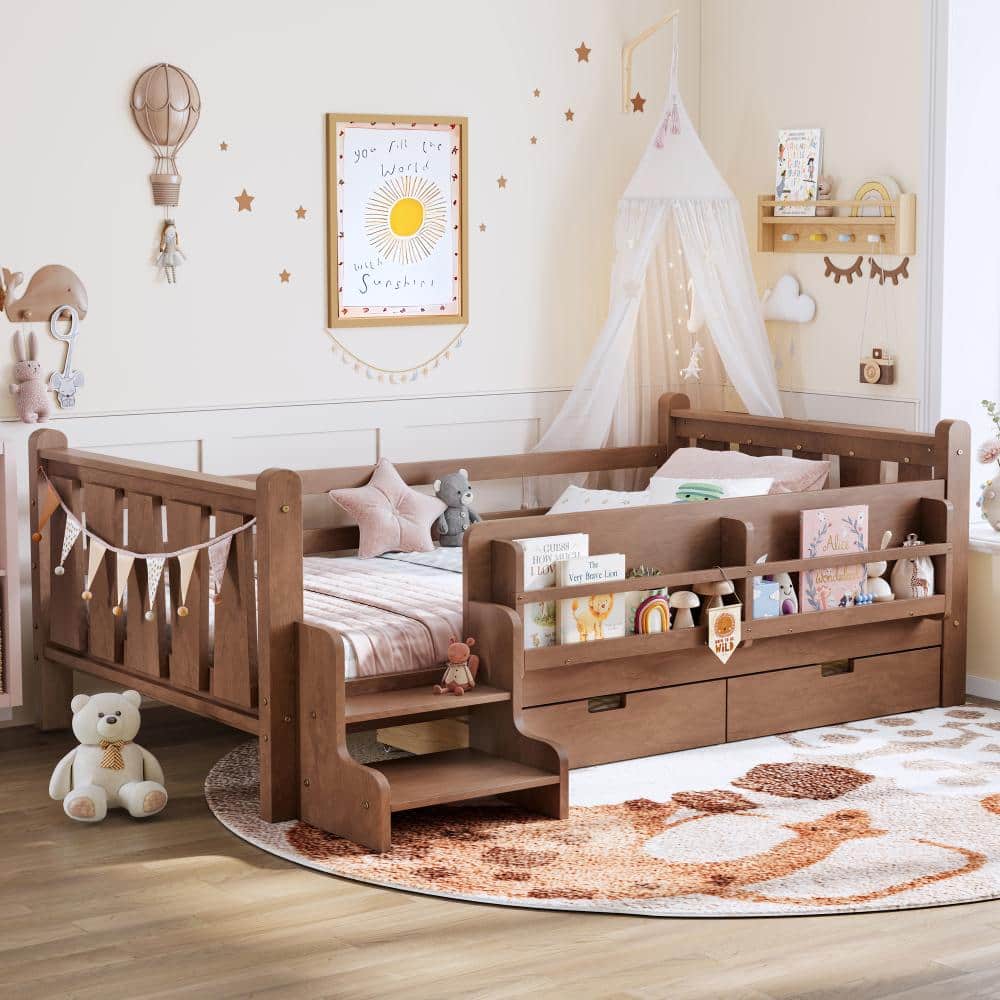 Natural Wood Frame Twin Size Platform Bed with Storage Bookcases and Drawers