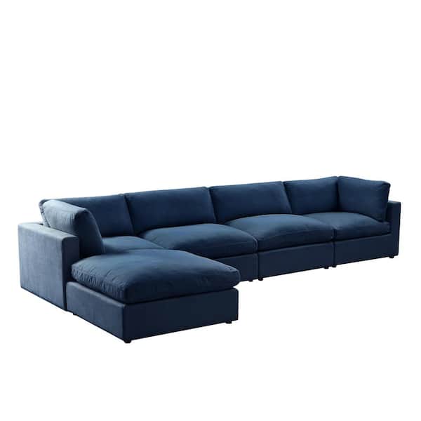 Shabby Chic Yaritza 72 in. Wide Flared Arm Upholstered Linen L-Shaped 5-Seat Sofa in Navy