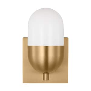 Foster 5 in. 1-Light Satin Brass Small Vanity Light with Milk Glass Shade