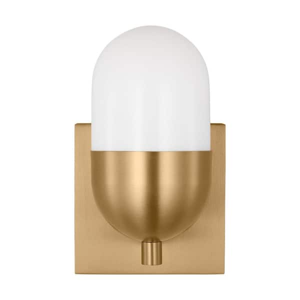 SCOTT LIVING Foster 5 in. 1-Light Satin Brass Small Vanity Light with Milk Glass Shade