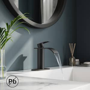 Waterfall Single Hole Single Handle Bathroom Vanity Faucet with Deckplate Pop Up Drain Included in Matte Black