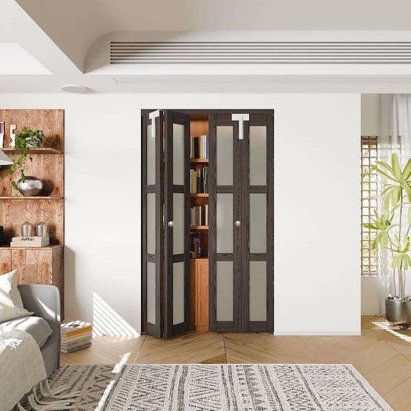 48 in. x 80 in. 3-lite Frosted Glass Solid Core Ancient Wood Color MDF Bi-fold Doors with Lock and Handle