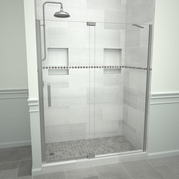 Tile Redi Redi Swing 5200 71 in. W x 76 in. H Semi-Frameless Pivot Shower Door in Brushed Nickel with Handle and Clear Glass