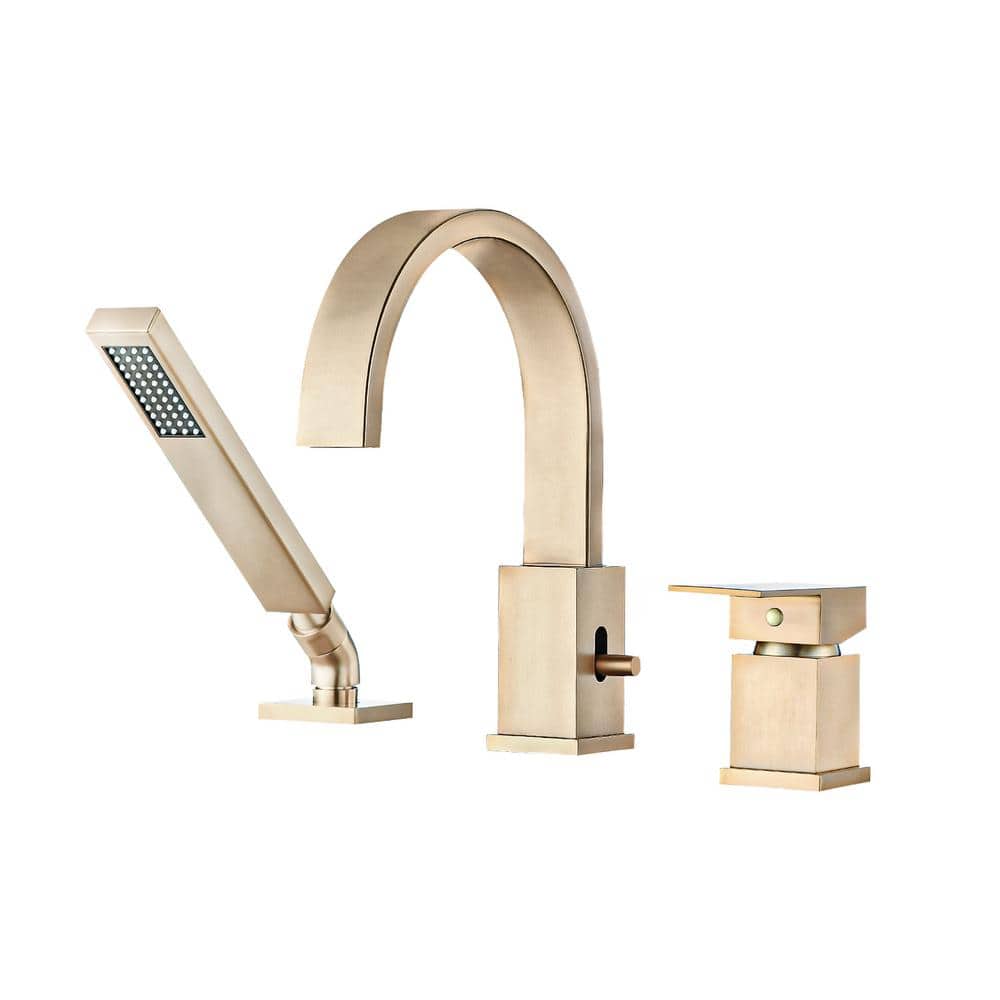 Single-Handle Deck Mount Roman Tub Faucet with Hand Shower in Brushed Gold