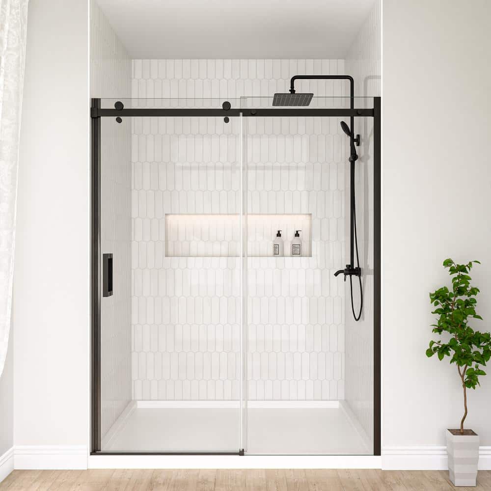 Matte Black Semi-Frameless Sliding Shower Door with Clear Glass