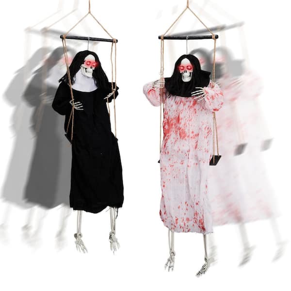 37 in. 2 Packs Hanging Ghosts Decor with Lighted Up Eyes Halloween Animatronic