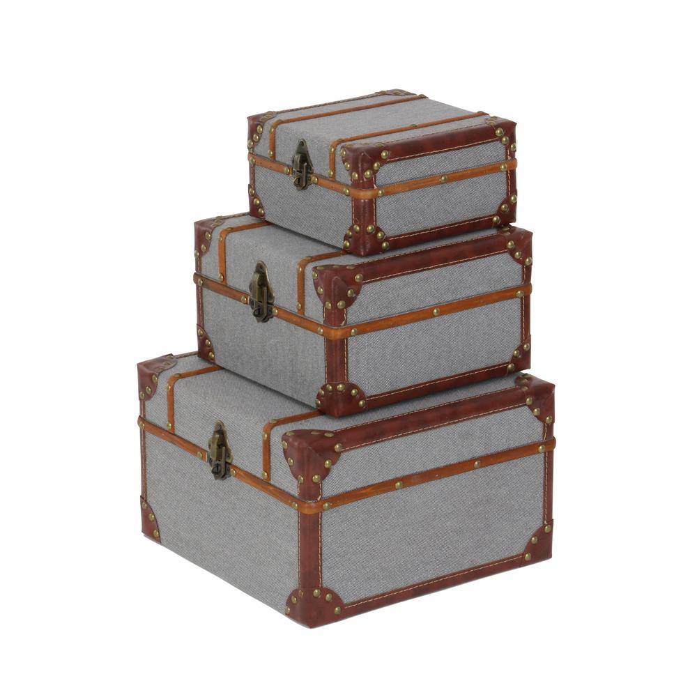 Gray Upholstered Wood 3-Piece Decorative Box Set with Hinged Lids