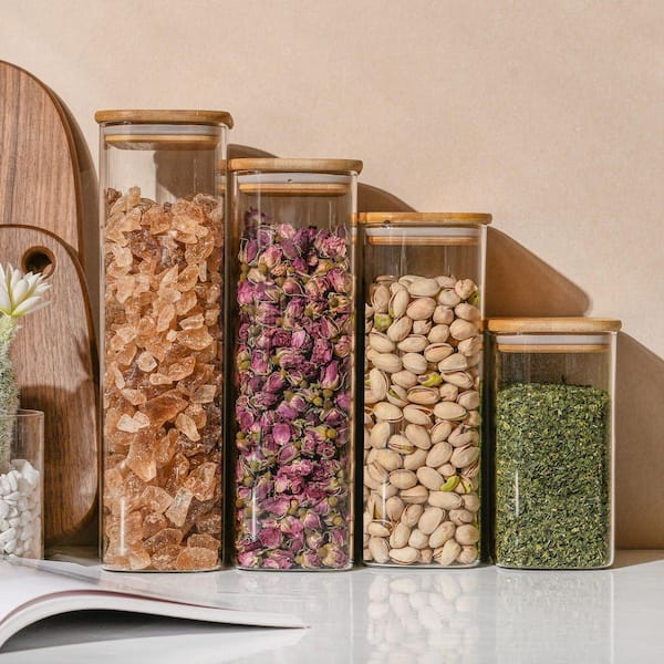 3-Piece Glass Rectangle Airtight Food Storage Jar Set with Bamboo Lids Black Label for Pantry Oats Cereal Pasta