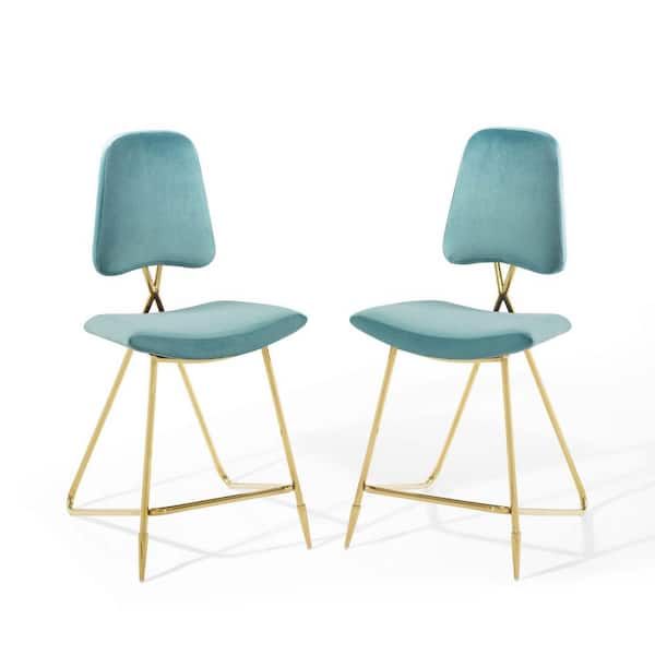 Ponder 42 in. Gold Full Back Metal Frame 24.5 in. Cushioned Counter Stool with Sea Blue Velvet Seat (Set of 2)