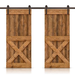 72 in. x 84 in. Mini X Series Walnut Stained Solid Knotty Pine Wood Interior Double Sliding Barn Door with Hardware Kit
