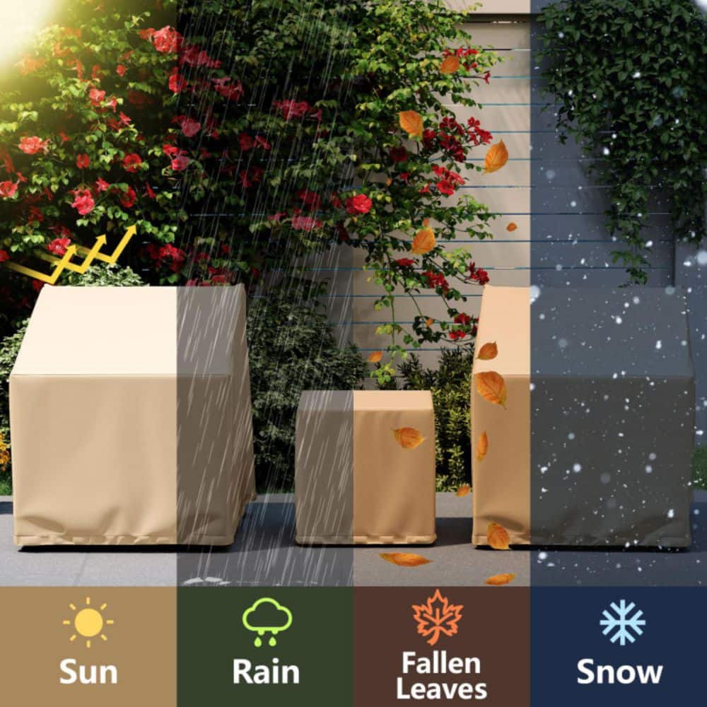 Patio covers protecting furniture from various weather conditions.