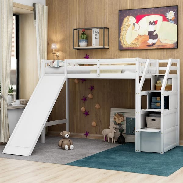 White Twin Size Wood Loft Bed, Bunk Bed Design With Slide