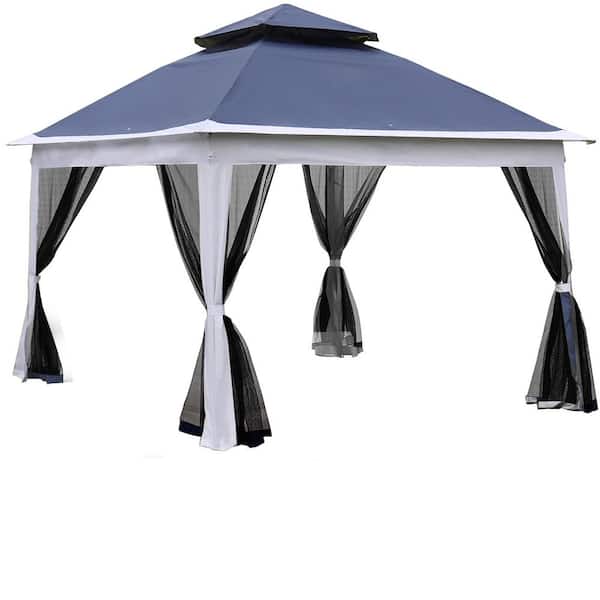 Unbranded 11 ft. x 11 ft. Blue Pop Up Gazebo Canopy With Removable Zipper Netting, 2-Tier Soft Top Event Tent, For Patio Camping