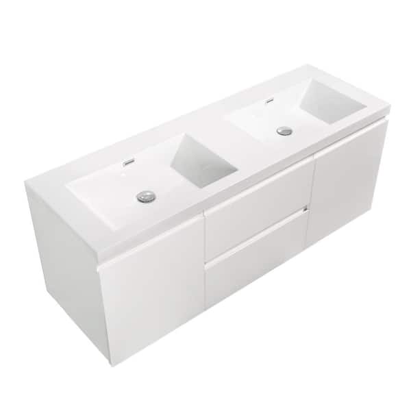 59.06 in. W x 19.69 in. D Wall-Mounted Bath Vanity in High Glossy White with White Glossy Resin Top